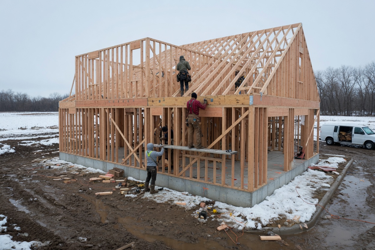 Open wood frame of a house on a muddy Minnesota lot